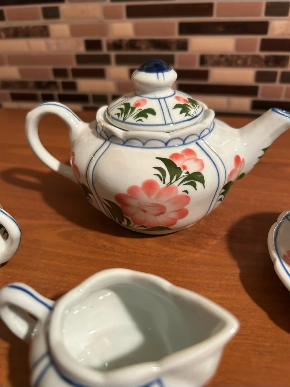 Vintage Child Size Hand-Painted Floral Tea Set - White with Pink w Green Accents